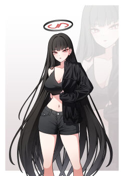1girl absurdres alternate_costume black_hair black_jacket black_shirt black_shorts blue_archive border breasts bright_pupils cleavage commentary crop_top cropped_shirt denim denim_shorts feet_out_of_frame gradient_background grey_background hair_intakes halo highres jacket jacket_partially_removed large_breasts long_hair long_sleeves looking_at_viewer multicolored_halo navel open_clothes open_jacket outside_border parted_lips red_eyes rio_(blue_archive) shirt short_shorts shorts sleeveless sleeveless_shirt solo standing stomach straight_hair thfktlfh456 two-tone_halo unzipped very_long_hair white_border white_pupils wispy_bangs zoom_layer