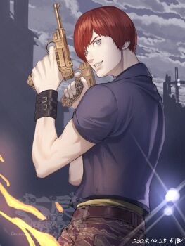 1boy 5tatsu artist_name belt black_wrist_cuffs brown_belt camouflage camouflage_pants cloud cloudy_sky cowboy_shot dated dual_wielding fire green_eyes grey_jacket gun handgun highres holding holding_gun holding_weapon jacket male_focus pants parted_lips red_eyes resident_evil resident_evil_-_code:_veronica shirt short_hair short_sleeves sky smile solo steve_burnside teeth weapon wrist_cuffs yellow_shirt