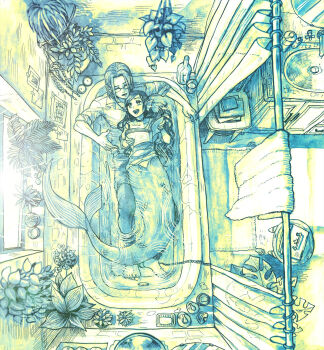 1boy 1girl alternate_universe bar_soap bare_shoulders bathroom bathtub bespectacled book bottle commentary_request cup ferdinand_(honzuki_no_gekokujou) fins from_above glasses green_theme head_fins highres hitsuki_(hiidukii) holding holding_book honzuki_no_gekokujou light_rays limited_palette mermaid monster_girl myne_(honzuki_no_gekokujou) partially_submerged plant potted_plant reading shower_curtain sink table towel window