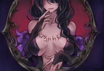 Rule 34 | 1girl, black bridal gauntlets, black hair, body writing, braid, breast focus, breasts, bridal gauntlets, center opening, cleavage, close-up, elsa granhilte, eyes out of frame, finger to mouth, head out of frame, inawa akito, large breasts, licking blood, licking own finger, lips, long hair, mirror, portrait, purple trim, re:zero kara hajimeru isekai seikatsu, smile, solo, tongue, tongue out, upper body