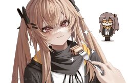 Rule 34 | 2girls, :3, artist name, black bow, black jacket, black neckerchief, blonde hair, blush, bow, brown hair, closed mouth, commentary, english commentary, feeding, food, fork, girls&#039; frontline, hair between eyes, hair bow, hair ornament, hairpin, highres, holding, holding fork, jacket, long hair, multiple girls, multiple hair bows, multiple hairpins, neckerchief, one side up, pov, pov hands, red eyes, scar, scar across eye, simple background, smile, sparkle, twintails, ump45 (girls&#039; frontline), ump9 (girls&#039; frontline), white background, yangie37, yellow eyes