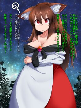 1girl ? animal_ear_fluff animal_ears arms_under_breasts blue_sky breasts brooch brown_hair cleavage closed_mouth collarbone commentary_request cowboy_shot expressionless floppy_ears grass grey_shirt hair_between_eyes highres imaizumi_kagerou jewelry large_breasts large_variant_set long_hair long_sleeves looking_at_viewer off-shoulder_shirt off_shoulder outdoors peso_(cheese_company) red_eyes red_skirt shirt sidelocks skirt sky solo star_(sky) starry_sky touhou translation_request variant_set wolf_ears wolf_girl