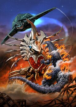 alien blue_electricity blue_eyes blue_fire bug burning_godzilla claws cloud colored_fire compound_eyes crossover daiei_film destruction dinosaur egg egg_sac electricity epic exhaust fire flippers flying gamera gamera_(series) gamera_2:_attack_of_legion giant giant_monster glowing glowing_body glowing_eyes glowing_mouth glowing_spikes godzilla godzilla_(series) godzilla_battle_line godzilla_vs._destoroyah green_eyes kadokawa kaiju legion_(gamera) looking_down mandibles monster monster_focus night nishikawa_shinji no_humans no_pupils now_production official_art open_mouth orange_eyes pincers plasma power_lines promotional_art sea_monster sharp_teeth sky smoke space_monster sparks spikes star_(sky) starry_sky steam steaming_body tail teeth toho toho_games tongue transmission_tower turtle turtle_shell tusks