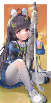 1girl absurdres animal_ears artist_self-insert black_gloves blouse blue_archive blue_shirt blue_skirt bolt_action closed_mouth empty_is_not_empty fake_animal_ears gloves grass green_neckerchief gun headband highres holding holding_gun holding_weapon knee_pads leaf leaf_on_head long_hair long_sleeves looking_at_viewer miyu_(blue_archive) mosin-nagant neckerchief on_floor orange_sky outstretched_arms panties pantyhose pantyshot rabbit_ears rifle sailor_collar school_uniform shirt shoes single_knee_pad sitting skirt sky sneakers solo sunset underwear weapon white_panties white_pantyhose white_shoes