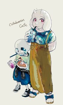 1boy alternate_costume apron black_sclera black_shoes blue_shorts colored_sclera drink drinking goat_girl highres holding holding_drink red_eyes sandals sans_(undertale) shirt shoes shorts simple_background skeleton tama_(tamafuku08) toriel undertale utdr_(toby_fox) white_background white_eyes