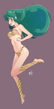 1girl :d animal_print armpits artist_name bare_shoulders bikini blue_eyes blush bouncing_breasts breasts brown_bikini brown_socks clenched_hand commentary cone_horns eyelashes floating_hair foot_up from_side full_body fur_bikini green_hair hair_between_eyes highleg highleg_bikini highres horns jumping kikumaru_bunta kneehighs long_hair looking_at_viewer looking_to_the_side lum medium_breasts midriff multicolored_bikini multicolored_hair navel oni open_mouth pointy_ears print_bikini print_boots purple_background shiny_skin sidelocks signature simple_background small_horns smile socks solo strapless strapless_bikini striped_bikini striped_clothes striped_horns striped_socks swimsuit tiger_panties tiger_print translated two-tone_bikini two-tone_hair underboob urusei_yatsura yellow_bikini yellow_horns yellow_socks