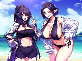 2girls armpits au_ra beach bikini black_bikini black_shorts breasts brown_eyes cleavage commission crop_top dragon_horns dragon_tail elezen elf eyebrows_hidden_by_hair final_fantasy final_fantasy_xiv hair_between_eyes hand_on_own_hip highres horns jacket large_breasts leaning_forward long_hair looking_at_viewer multiple_girls navel ocean open_mouth pointy_ears samael_(5211) sapphira_nyx scales short_hair shorts skeb_commission smile stomach swimsuit tail teeth upper_teeth_only warrior_of_light_(ff14) white_jacket