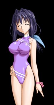 1girl ^_^ black_background blue_hair blue_ribbon breasts closed_eyes closed_mouth collarbone covered_erect_nipples cowboy_shot game_asset hair_intakes hand_on_own_hip large_breasts large_variant_set long_hair low_ponytail lowres machine_maiden_next nakajima_konta non-web_source official_art one-piece_swimsuit ponytail purple_one-piece_swimsuit ribbon self-datamine simple_background smile solo standing swimsuit tachi-e tachibana_mao_(machine_maiden) variant_set visual_novel_cg wrist_ribbon