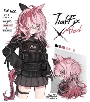 1girl animal_ears black_gloves black_skirt blush bulletproof_vest character_name closed_mouth commentary doktahzaki ear_covers english_commentary english_text flashbang gloves hair_over_one_eye highres holster horse_ears horse_girl horse_tail long_hair long_sleeves looking_at_viewer original pink_eyes pink_hair police police_uniform policewoman riot_police single_ear_cover skirt tactical_clothes tail thigh_holster thigh_strap umamusume vest walkie-talkie