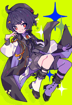 Rule 34 | 1girl, ahoge, black bow, black bowtie, black cape, black hair, black hat, black shorts, black vest, blush, boots, bow, bowtie, cape, collared shirt, commentary request, commission, full body, green background, grin, hand up, hat, highres, honoca6190, long sleeves, original, red eyes, shirt, short hair, shorts, simple background, skeb commission, smile, solo, sparkle, vest, white boots, white shirt