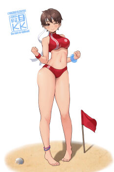 Rule 34 | 1girl, armband, artist logo, barefoot, bikini, bracelet, brown eyes, brown hair, commentary request, flag, headband, highres, jewelry, kasugano sakura, kkzk61539201, logo, red bikini, scallop, short hair, simple background, solo, sports bikini, street fighter, swimsuit, translation request, turtleneck bikini top, w arms, white background, white headband