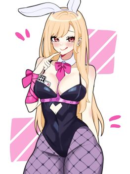 1girl bare_shoulders black_leotard blonde_hair blush card chest_harness clothing_cutout cutout_above_navel eyelashes fishnet_pantyhose fishnets harness heart_cutout highres kitagawa_marin leotard long_hair miovartz pantyhose playing_card rabbit_hole_(vocaloid) red_eyes simple_background solo sono_bisque_doll_wa_koi_wo_suru spaghetti_strap white_background
