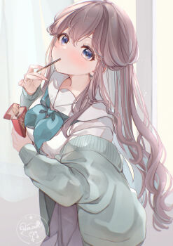 1girl blue_cardigan blue_eyes blue_hair blue_neckerchief brown_hair cardigan commentary_request curtains food grey_skirt highres holding holding_food long_hair long_sleeves looking_at_viewer multicolored_hair neckerchief off_shoulder open_cardigan open_clothes original pleated_skirt pocky pocky_day puffy_long_sleeves puffy_sleeves puracotte sailor_collar school_uniform serafuku shirt skirt solo two-tone_hair very_long_hair watermark white_sailor_collar white_shirt