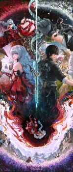 1boy 1girl abby_(wuthering_waves) absurdres bare_shoulders beamed_eighth_notes black_gloves black_jacket black_pants black_pantyhose breasts cartethyia_(wuthering_waves) commentary cristoforo_(wuthering_waves) dress earrings english_commentary flower gloves grey_hair grey_shirt highres holding holding_instrument holding_violin instrument izzycrownart jacket jewelry long_hair lupa_(wuthering_waves) male_rover_(wuthering_waves) medium_breasts musical_note pants pantyhose people phrolova_(wuthering_waves) red_dress rover_(wuthering_waves) scar_(wuthering_waves) shirt spider_lily split_theme triss_(wuthering_waves) violin wuthering_waves