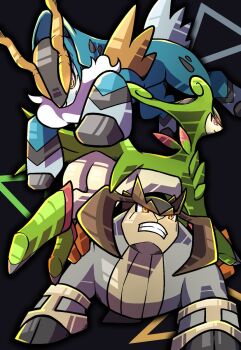 animal_focus black_background blue_skin brown_eyes closed_mouth cobalion colored_skin commentary_request gen_5_pokemon green_skin highres horns legendary_pokemon meruru_gu nintendo no_humans pokemon pokemon_(creature) simple_background smile teeth terrakion virizion yellow_eyes