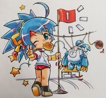 1girl ahoge anpan ass bi-showjo_figure_convention blue_hair bread bread_eating_race buruma chibi chibi_only closed_eyes closed_mouth commentary_request crying eating flag floating food food_in_mouth green_eyes grey_shoes gym_uniform hair_ribbon hand_up hanging headband highres holding holding_flag kokomahi looking_at_viewer looking_back mascot medium_hair melon_bread mouth_hold non-humanoid_robot notice_lines numbered_flag official_art one_eye_closed ponytail red_buruma red_headband ribbon robot shirt shoes sports_festival standing star_(symbol) traditional_media v white_shirt wristband yellow_ribbon