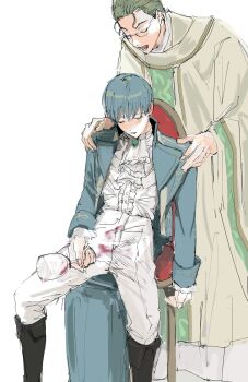Rule 34 | 2boys, alcohol, ascot, black boots, blue coat, blue gemstone, blue hair, blush, boots, chair, closed eyes, coat, commentary request, cup, drinking glass, drunk, gem, glasses, green hair, hair between eyes, hair slicked back, hands on another's shoulders, heiter, highres, himmel (sousou no frieren), holding, holding cup, male focus, mole, mole under eye, multiple boys, nya pe, open mouth, pants, parted lips, priest, red wine, shirt, short hair, sitting, sousou no frieren, stain, white ascot, white background, white pants, white shirt, wine, wine glass