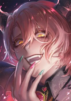 1boy asmodeus_(shall_we_date?:_obey_me!) eyelashes fang fangs fingernails horns nail_polish open_mouth origarnic pink_hair shall_we_date?:_obey_me! sharp_nails sharp_teeth short_hair smile solo teeth wings yellow_eyes
