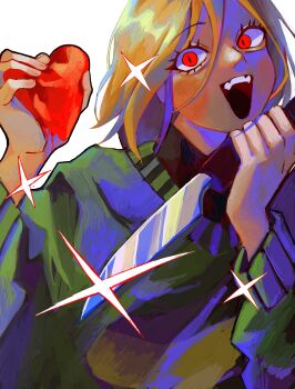 Rule 34 | 1other, absurdres, brown hair, chara (undertale), commentary, fffkace, green sweater, hashtag-only commentary, heart, highres, holding, holding heart, holding knife, knife, medium hair, open mouth, other focus, red eyes, short hair, smile, solo, sweater, teeth, undertale, upper body, upper teeth only, utdr (toby fox)