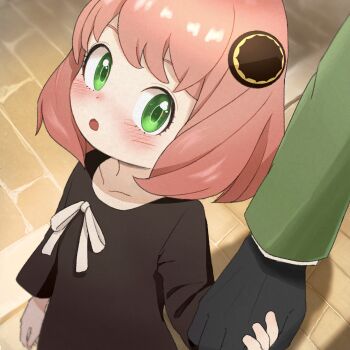 1girl absurdres aka_tadaima anya_(spy_x_family) black_dress black_gloves blurry blurry_background blush collarbone commentary_request dress eyelashes gloves green_eyes hairpods highres holding_hands long_sleeves looking_at_viewer open_mouth pink_hair short_hair solo_focus spy_x_family twilight_(spy_x_family) upper_body
