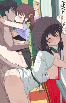2boys 3girls absurdres against_wall arms_around_neck bent_over black_bra black_hair black_skirt blonde_hair blush bouncing_breasts bra bra_pull breasts breasts_out brown_hair closed_eyes clothed_female_nude_male clothed_sex clothes_lift clothes_pull clubroom cum cum_in_pussy dress eguegu faceless faceless_male furutachi_kurea green_dress green_eyes green_sash group_sex hair_tie hand_on_another&#039;s_ass hetero hibi_wa_sugiredo_meshi_umashi highres hoshi_nana indoors kawai_mako kiss large_breasts leg_lock looking_back multiple_boys multiple_girls multiple_hair_clips nipples nude open_clothes open_dress open_mouth orgasm orgy peeking purple_shirt sash sex sex_from_behind shirt shirt_lift short_sleeves skirt small_breasts standing standing_leg_lock standing_sex suspended_congress tally teeth twintails underwear white_bra