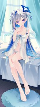 1girl amane_kanata angel_wings babydoll barefoot blue_hair blue_halo blue_wings braid breasts colored_inner_hair commentary_request curtains feathered_wings frilled_panties frills front_slit full_body gradient_wings grey_hair halo hand_up highres hololive indoors long_hair looking_at_viewer mini_wings multicolored_hair multicolored_wings navel on_bed panties pink_streaks purple_eyes see-through_babydoll see-through_clothes single_hair_intake sitting small_breasts solo star_halo tilted_halo toes twin_braids two_side_up underwear ureinnn very_long_hair virtual_youtuber white_babydoll white_panties white_wings wings