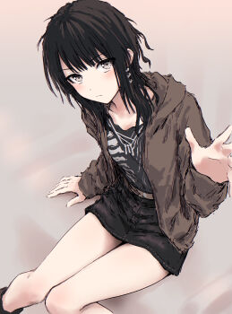 1girl black_hair black_shirt black_skirt blush brown_jacket closed_mouth commentary_request denim denim_skirt feet_out_of_frame frown grey_eyes highres hood hooded_jacket jacket long_hair looking_at_viewer miniskirt open_clothes open_jacket original shirt sitting skirt solo yukitake_(bullfalk)