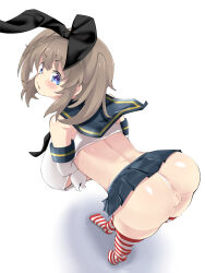 Rule 34 | 1girl, animal ears, anus, ass, blue eyes, blush, breasts, cosplay, crop top, elbow gloves, fake animal ears, from above, from behind, gloves, hanging breasts, kantai collection, large breasts, leaning forward, light brown hair, looking back, medium hair, microskirt, midriff, minori (senran kagura), nagashima (nagatol), no panties, pussy, rabbit ears, sailor collar, senran kagura, senran kagura shinovi versus, shimakaze (kancolle), shimakaze (kancolle) (cosplay), simple background, skirt, solo, striped clothes, striped thighhighs, thighhighs, twintails, underboob, white background, white gloves