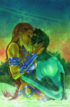 1boy 1girl alien black_hair bodysuit cleavage_cutout clothing_cutout couple dc_comics dick_grayson closed_eyes gloves hetero hip_vent kiss long_hair mask nightwing red_hair starfire water