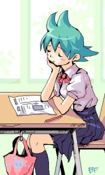 1girl animal_print anime_coloring archived_source armrest artist_name black_skirt black_socks blush_stickers bow bowtie chair classroom closed_eyes closed_mouth collared_shirt commentary_request desk green_background green_hair hair_tuft hand_on_own_chin head_rest indoors jaggy_lines jin_so-hee kneehighs korean_commentary lowres mechanical_pencil moon_knights oekaki paper pencil pink_bag pleated_skirt print_bag puffy_short_sleeves puffy_sleeves rabbit_print red_bow red_bowtie school_chair school_desk shirt short_sleeves signature sitting skirt socks solo white_shirt white_sleeves window wing_collar