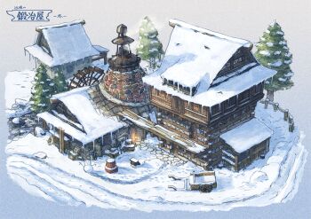 architecture barrel blue_background cabin cobblestone fence gradient_background grey_background highres house icicle isometric no_humans original outdoors pine_tree poppo_sutchy scenery smoke snow snowman translation_request tree water_wheel wheelbarrow