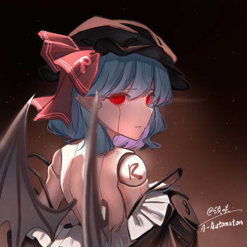 1girl 2091966 bare_back bat_wings black_hat black_shirt doll_joints expressionless frilled_hat frills hair_between_eyes hat hat_ribbon highres joints looking_at_viewer mob_cap off_shoulder parted_lips purple_hair red_eyes red_ribbon remilia_scarlet ribbon shirt short_hair solo touhou wings