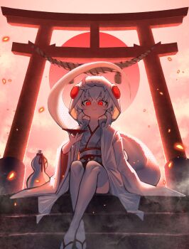 Rule 34 | 1girl, absurdres, akuma (st.takuma), alcohol, animal hood, blush, cup, detached sleeves, gohei, headgear, highres, holding, holding cup, hood, japanese clothes, kimono, looking at viewer, miko, mole, mole under eye, moon, nontraditional miko, original, red eyes, red moon, ribbon-trimmed sleeves, ribbon trim, sakazuki, sake, sitting, smile, snake, snake tail, solo, tail, thighhighs, torii, white hair, white kimono, white thighhighs, wide sleeves