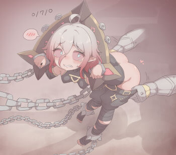 1girl 1other aged_down ass bdsm bent_over black_shirt black_shorts black_thighhighs blush bondage bound breasts briar_(league_of_legends) chain clenched_teeth clothes_pull colored_sclera colored_skin constricted_pupils crying crying_with_eyes_open cuffs disembodied_hand embarrassed eyebrows_hidden_by_hair from_above from_side full_body gradient_hair grey_background grey_eyes grey_hair grey_skin highres imminent_rape jallass league_of_legends loli looking_at_another looking_back medium_hair multicolored_hair pointy_ears red_hair red_sclera scared shirt shorts shorts_pull simple_background sleeveless sleeveless_shirt small_breasts solo_focus standing stocks tears teeth thighhighs toeless_legwear toes two-tone_hair undressing_another
