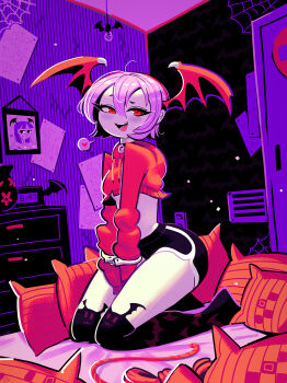 Rule 34 | 1girl, andaerz, animal print, bat (animal), bat print, bat wings, batman, bed, black shorts, black socks, blush, breasts, clock, collar, commentary, commission, cropped hoodie, cuffs, darkstalkers, demon girl, digital clock, dolphin shorts, door, drawer, drawing (object), english commentary, floral print, guitar, hair between eyes, handcuffs, head wings, heart, highres, hood, hoodie, instrument, kneeling, light bulb, lilith (darkstalkers), limited palette, looking at viewer, midriff, morrigan aensland, mouse (animal), over-kneehighs, pillow, portrait (object), purple hair, red eyes, red hoodie, short shorts, shorts, silk, small breasts, socks, speech bubble, spider web, spoken heart, thighhighs, vase, vent (object), wings, yarn