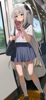 1girl absurdres bag black_bag black_shoes blue_archive blue_halo blue_sailor_collar blue_skirt blush braid cellphone closed_mouth half_up_braid halo highres holding holding_bag holding_phone kneehighs long_hair miyako_(blue_archive) neckerchief one_side_up phone pink_neckerchief pleated_skirt purple_eyes rega sailor_collar school_uniform serafuku shirt shoes short_sleeves sidelocks skirt smartphone socks solo train_interior white_hair white_shirt white_socks