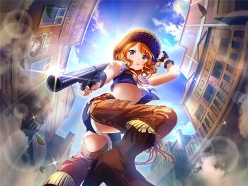 1girl blue_sky blush boots brown_boots brown_gloves building cowboy_boots cropped_shirt day earrings ebisu_tsukasa fingerless_gloves foreshortening from_below game_cg gloves gun handgun hat high_heel_boots high_heels holding holding_gun holding_weapon jewelry kneeling looking_at_viewer official_art orange_hair pointing pointing_at_viewer purple_eyes revolver short_hair short_sleeves shoujo_kageki_revue_starlight shoujo_kageki_revue_starlight_-re_live- sky smile solo v-shaped_eyebrows weapon weapon_request
