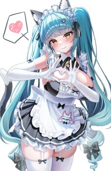 1girl absurdres animal_ear_fluff animal_ears apron bell black_bow black_dress blue_hair blush bow breasts cat_ears cat_tail commentary_request cowboy_shot dress elbow_gloves gloves goddess_of_victory:_nikke hair_ornament hairclip heart heart_hands highres jingle_bell large_breasts long_hair looking_at_viewer maid_apron maid_headdress name_tag ppudang privaty_(nikke) privaty_(unkind_maid)_(nikke) solo spoken_heart tail thighhighs thighs twintails very_long_hair white_gloves white_thighhighs yellow_eyes zettai_ryouiki