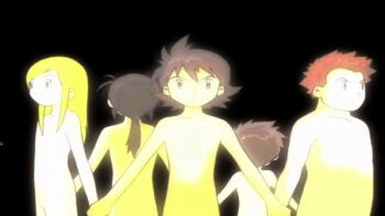 1girl 4boys animated animated_gif black_hair blonde_hair brown_hair completely_nude convenient_censoring determined digimon digimon_frontier bad_tag fusion himi_tomoki holding_hands kanbara_takuya loli long_hair minamoto_kouji multiple_boys nude official_art orimoto_izumi shibayama_junpei short_hair shota spiked_hair spirit_evolution toei_company transformation