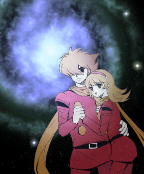 Rule 34 | belt, black belt, black eyes, blonde hair, coat, couple, cyborg, cyborg 009, francoise arnoul, hair over one eye, hairband, hand on another's hip, hatching (texture), holding hands, long hair, oshicpume, pants, pink hairband, red coat, red pants, scarf, shimamura joe, space, star (sky), yellow scarf