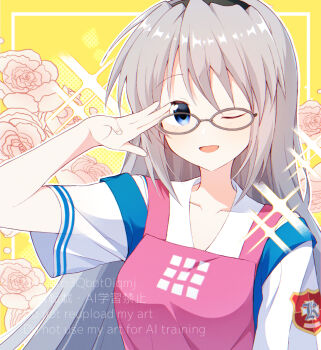 Rule 34 | 1girl, ;d, apron, bespectacled, black hairband, blue eyes, blush, brown-framed eyewear, clannad, commentary request, floral background, flower, glasses, grey hair, hair between eyes, hairband, hand up, happy, highres, hikarizaka private high school uniform, long hair, looking at viewer, one eye closed, open mouth, pink apron, pink flower, pink rose, rose, sakagami tomoyo, salute, school uniform, shirt, short sleeves, simple background, smile, solo, sparkle, straight hair, summer uniform, upper body, watermark, white shirt, xdjf63qbpt0iqmj, yellow background