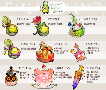 Rule 34 | alternate color, apron, blissey, bottle, brown background, budew, gen 1 pokemon, gen 2 pokemon, gen 3 pokemon, gen 4 pokemon, gen 7 pokemon, highres, hoothoot, minior, minior (core), minior (red core), mixed-language text, nintendo, no humans, pokemon, pokemon (creature), potion, red-framed eyewear, roselia (pokemon), roserade, shiny pokemon, shuckle, star (symbol), staryu, sukepmonster