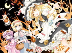 Rule 34 | 3girls, alice margatroid, apron, basket, bat (animal), bat hair ornament, black bow, blonde hair, bloomers, blue dress, blue eyes, bow, candy, capelet, closed mouth, commentary request, crescent, crescent hat ornament, crescent moon, cross hair ornament, doll, dress, food, frilled hairband, frills, hair bow, hair ornament, hairband, halloween, hat, hat bow, hat ornament, jack-o&#039;-lantern, jack-o&#039;-lantern hat ornament, kirisame marisa, komiru, lolita hairband, lollipop, long hair, long sleeves, mob cap, moon, multiple girls, open mouth, orange bow, patchouli knowledge, purple dress, purple eyes, purple hair, red bow, red hairband, shanghai doll, short hair, short sleeves, smile, striped clothes, striped dress, touhou, underwear, vertical-striped clothes, vertical-striped dress, waist apron, white apron, white bloomers, white bow, white capelet, witch hat, yellow eyes