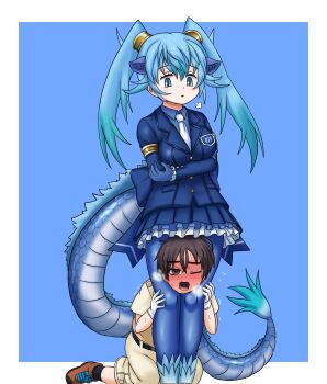 1boy 1girl :o ? @_@ adansosutega animal_ears bare_arms between_legs bike_shorts bike_shorts_under_shorts blue_eyes blue_gloves blue_hair blue_jacket blue_pantyhose blue_shirt blue_thighhighs blush bow captain_(kemono_friends) cargo_shorts choke_hold collared_shirt dragon_tail embarrassed extra_ears femdom flying_sweatdrops furrowed_brow gloves hetero highres jacket kemono_friends kemono_friends_3 long_hair long_sleeves look_down miniskirt multicolored_hair necktie nose_blush open_mouth pantyhose pocket scissorhold seiryuu_(kemono_friends) shirt short_sleeves shorts sidelocks skirt standing strangling streaked_hair struggling sweat tail thighhighs trembling twintails very_long_hair white_necktie