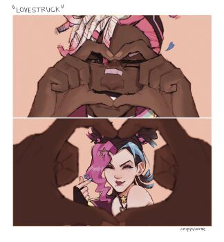 1boy 1girl brown_background chippyverse closed_mouth dark-skinned_male dark_skin ekko_(league_of_legends) facing_viewer finger_heart grey_hair hand_up heart heart_hands hetero highres jinx_(league_of_legends) league_of_legends league_of_legends:_wild_rift looking_at_viewer lovestruck_ekko lovestruck_jinx one_eye_closed pink_hair single_bare_shoulder smile white_background