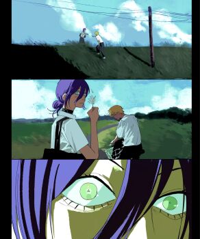 1boy 1girl bicycle black_choker black_pants chainsaw_man choker cloud cloudy_sky collared_shirt commentary day denji_(chainsaw_man) english_commentary flower grass green_eyes grenade_pin hair_between_eyes hair_bun highres holding holding_flower looking_at_viewer machipachi1901 outdoors pants power_lines purple_hair reze_(chainsaw_man) rural school_uniform shirt sky utility_pole white_flower white_shirt