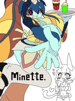 2girls :3 adapted_costume aliasing apron blue_skirt blush cat_girl character_name erixoh_n fins fish_girl food grin hair_ornament hand_on_own_cheek hand_on_own_face head_fins highres ice_cream ice_cream_float looking_at_viewer mary_janes minette_(skullgirls) ms._fortune_(skullgirls) multiple_girls outstretched_arm parfait pink_pupils ponytail shell shell_hair_ornament shoes skirt skullgirls smile solo_focus spoon strapless thighhighs tongue tongue_out tray tube_top