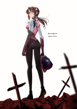 Rule 34 | 1girl, absurdres, ass, blue eyes, blurry, blurry foreground, blush, bodysuit, botttomtext, breasts, bright pupils, brown hair, closed mouth, commentary, cross, evangelion: 2.0 you can (not) advance, floating hair, from behind, full body, glasses, hair ornament, hairclip, heel up, helmet, highres, holding, holding unworn helmet, looking at viewer, looking back, low ponytail, makinami mari illustrious, mecha pilot suit, medium breasts, neon genesis evangelion, patreon logo, pilot helmet, pink bodysuit, pixiv id, pixiv logo, plugsuit (evangelion), ponytail, rebuild of evangelion, red-framed eyewear, semi-rimless eyewear, shade, simple background, skin tight, smile, solo, standing, under-rim eyewear, unworn headwear, unworn helmet, white background, white pupils