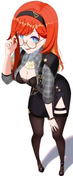 1girl adjusting_eyewear blue_eyes breasts cleavage commentary_request glasses hairband highres honkai_(series) honkai_impact_3rd long_hair looking_at_viewer red_eyes ryuusan_(leuthan698) senadina senadina_(steering_inequations) thighhighs white_background