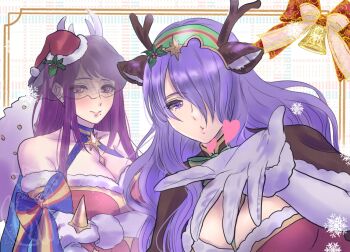 1girl 2girls blowing_kiss breasts camilla_(fire_emblem) camilla_(flurry_embrace)_(fire_emblem) christmas cleavage fire_emblem fire_emblem_engage fire_emblem_fates fire_emblem_heroes hat ivy_(fire_emblem) ivy_(flurry_embrace)_(fire_emblem) large_breasts long_hair multiple_girls nekoyashiki_08 nintendo official_alternate_costume purple_eyes purple_hair santa_hat snowflakes veil